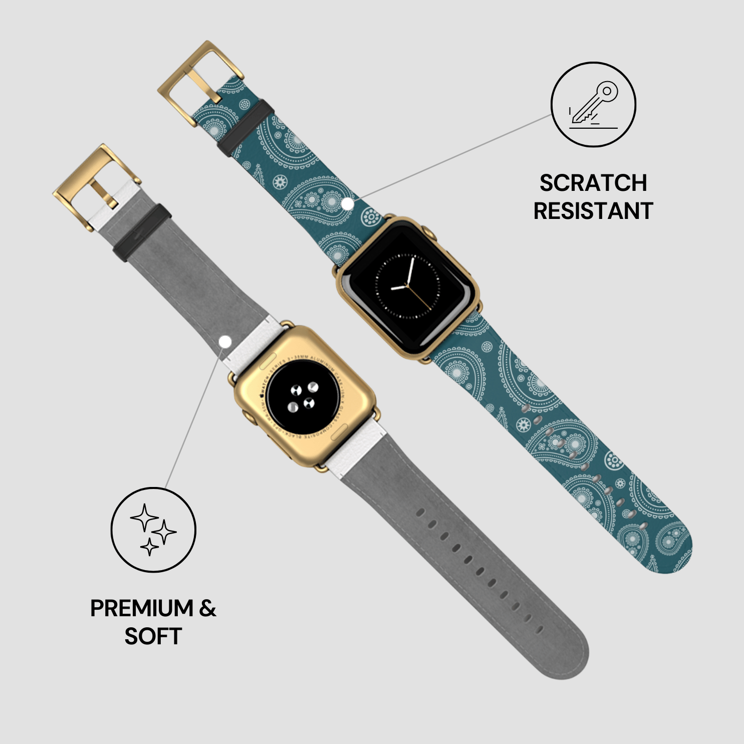 Two smartwatches with different band designs on a light gray background
