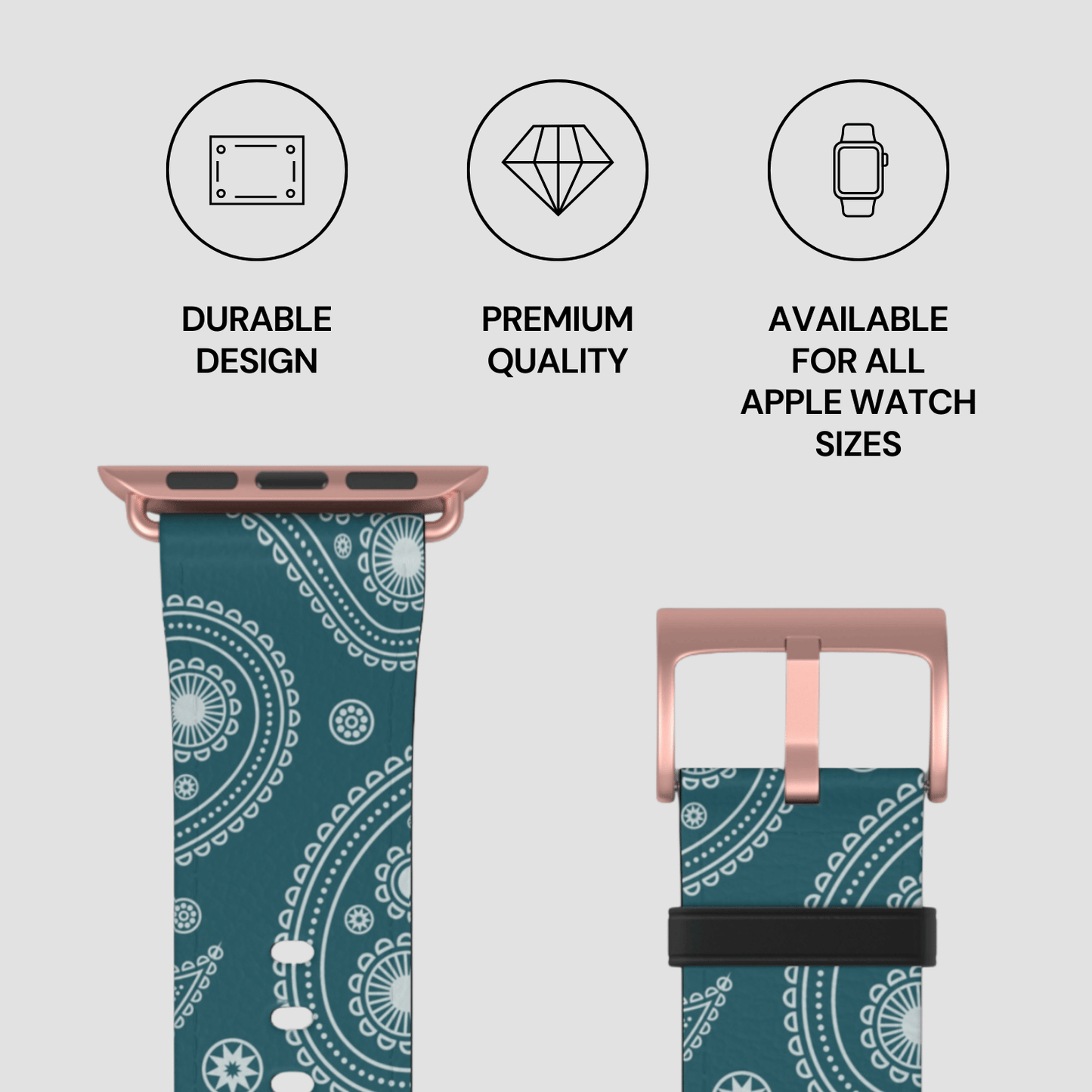 Teal patterned watch band with rose gold clasp on a light gray background, featuring durability, quality, and size availability text.