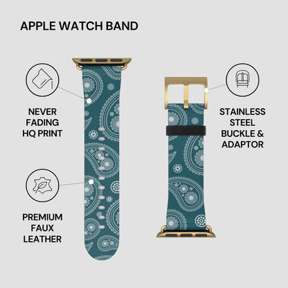Teal patterned Apple Watch band with gold buckle and adaptor on a white background