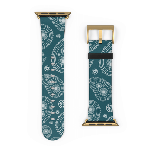 Teal paisley patterned watch strap with gold hardware on a white background