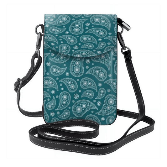 Small crossbody bag with teal paisley pattern on a white background
