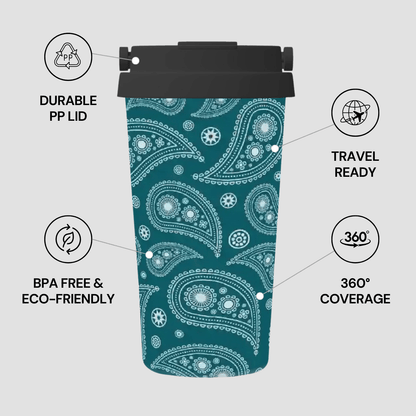 Teal travel mug with white paisley pattern on a gray background with feature text.
