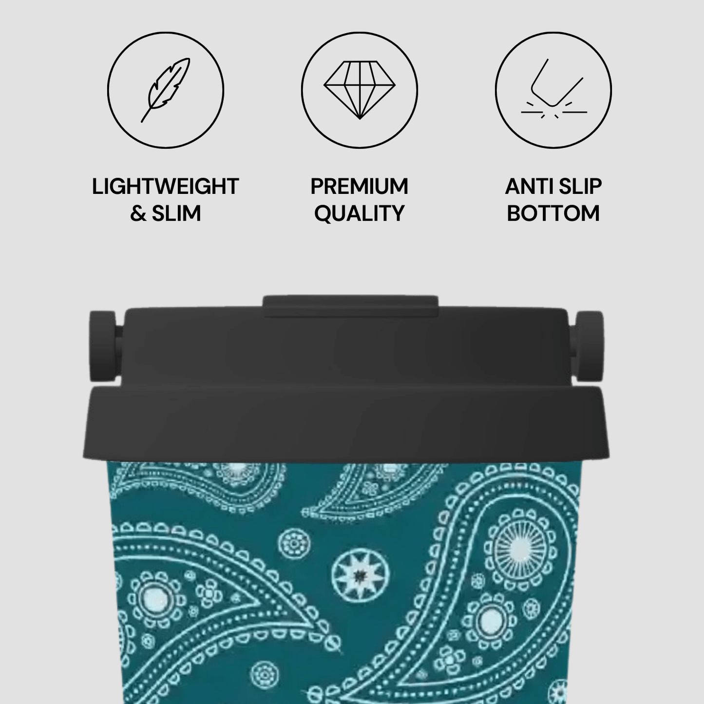 Product with teal bandana pattern and black top, featuring icons and text about product features.