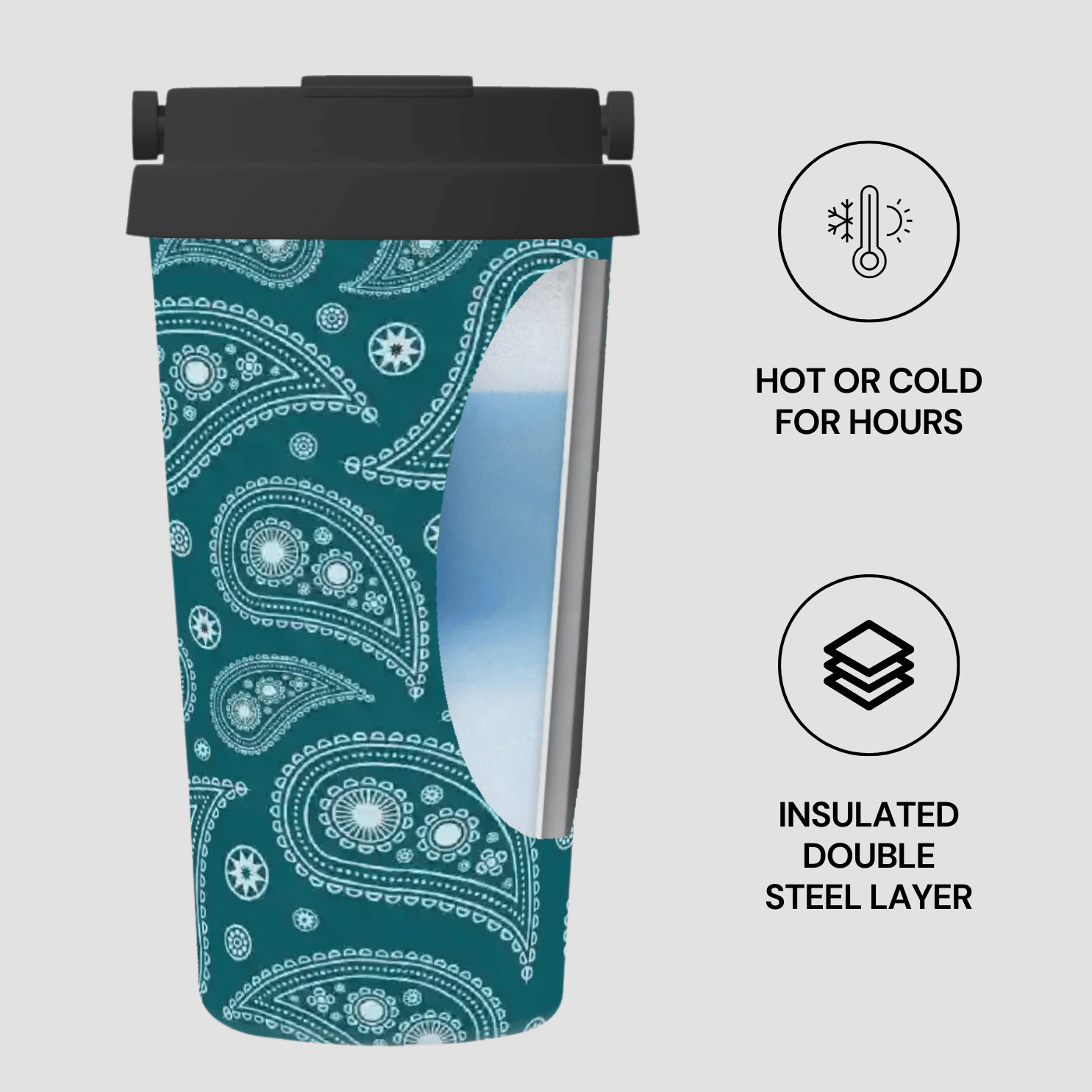 Insulated travel mug with paisley pattern on a white background