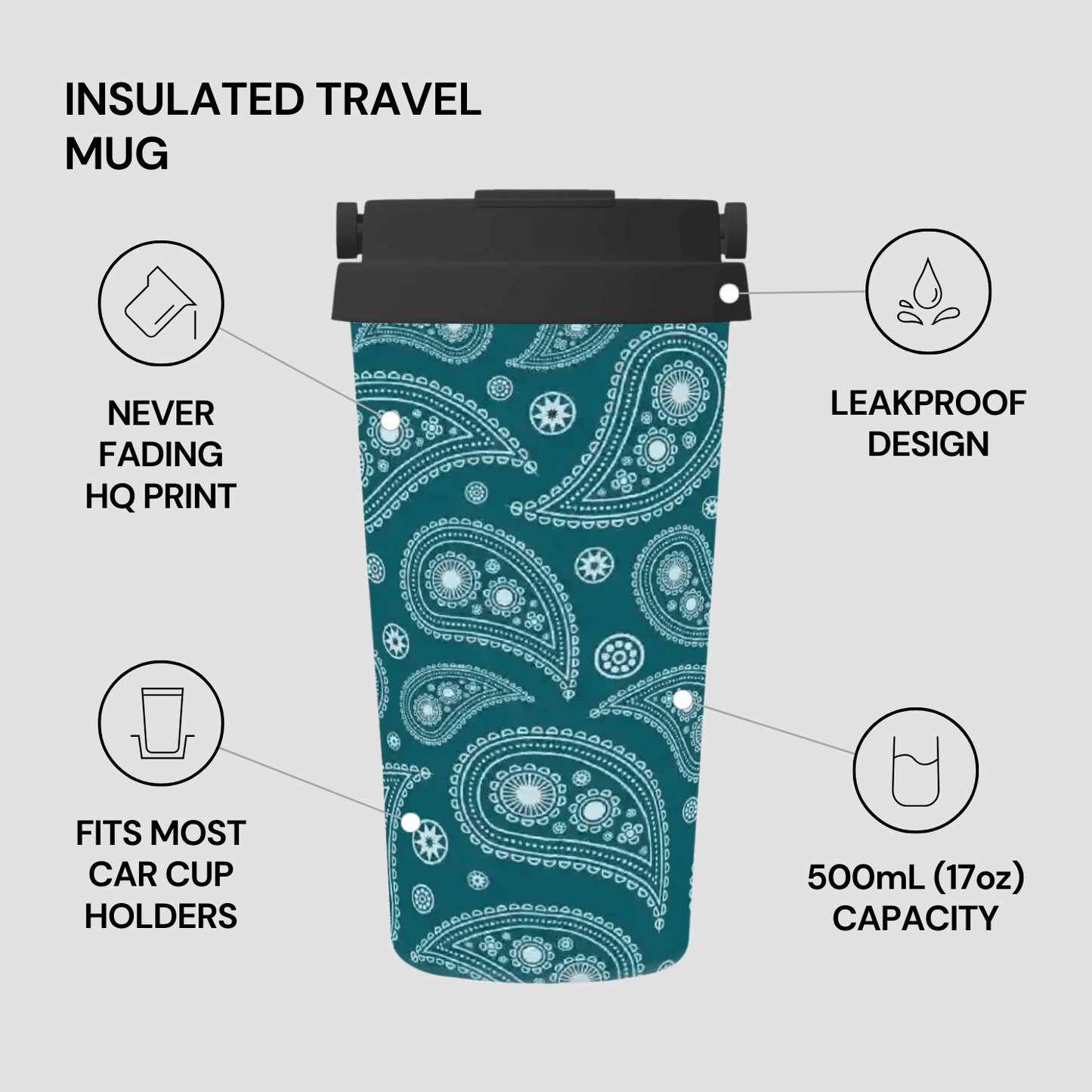 Teal insulated travel mug with white paisley pattern on a gray background