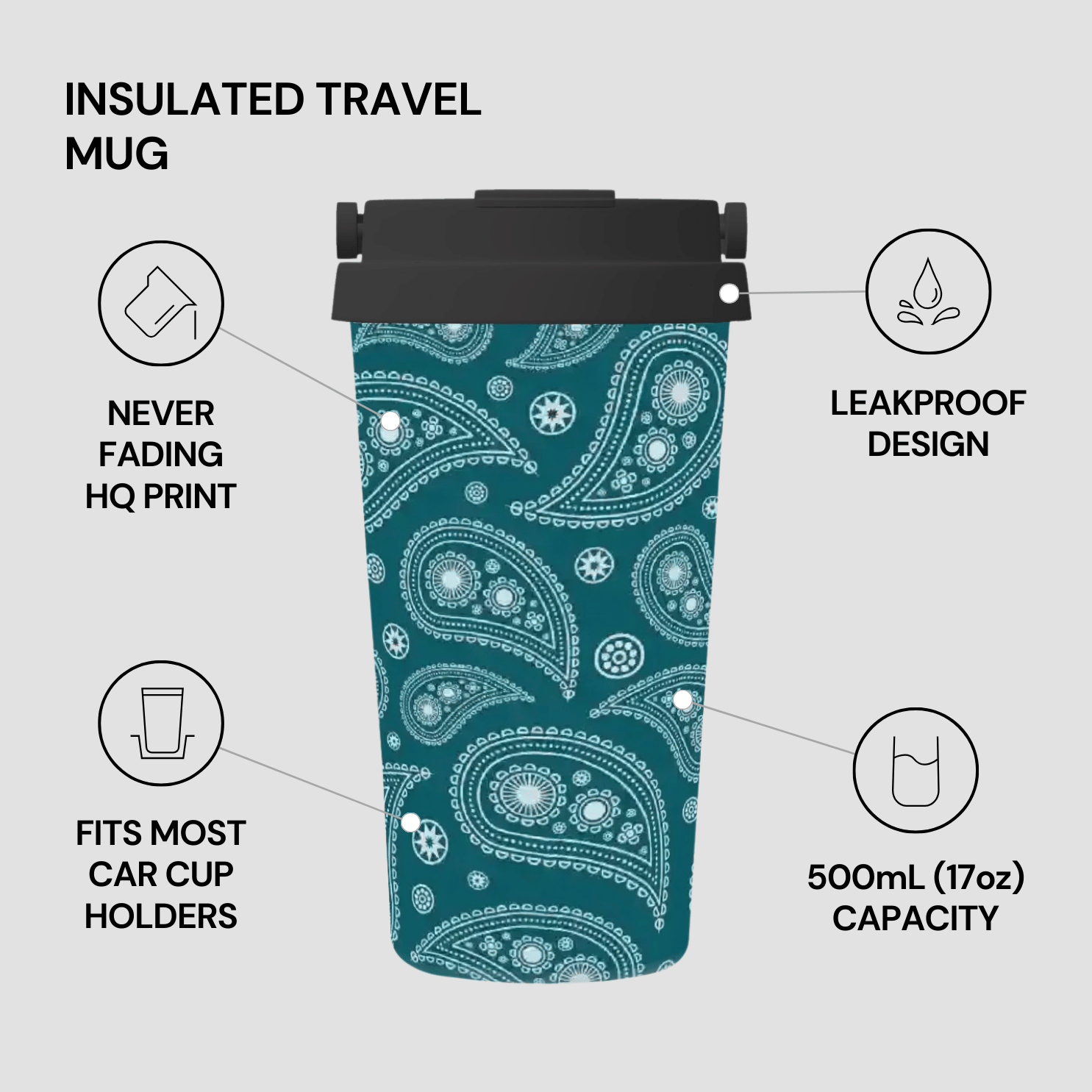Teal insulated travel mug with white paisley pattern on a gray background