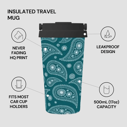 Teal insulated travel mug with white paisley pattern on a gray background