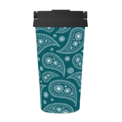 Teal reusable water bottle with white paisley pattern on a white background
