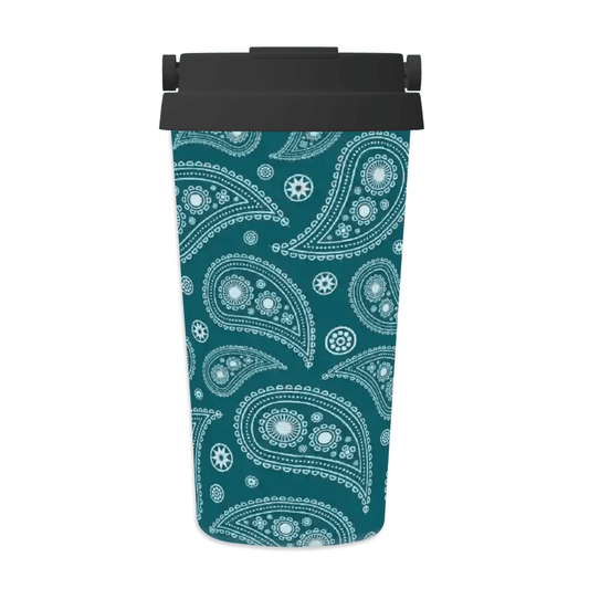 Teal reusable water bottle with white paisley pattern on a white background