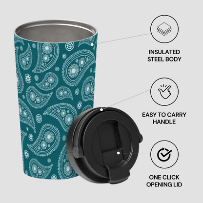 Teal patterned tumbler with black lid on a white background