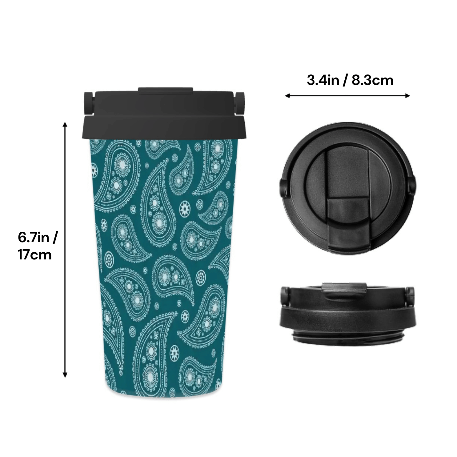 Teal travel mug with paisley pattern and black lid, shown with measurements on a white background.
