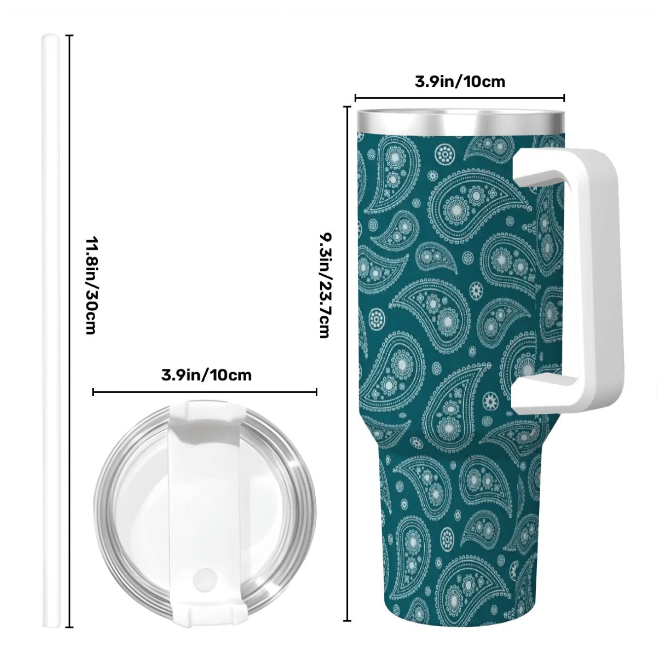 Teal tumbler with paisley pattern and measurements on a white background
