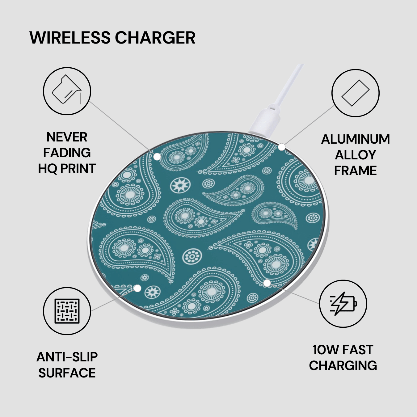 Wireless charger with paisley design on a gray background, featuring text about its features.