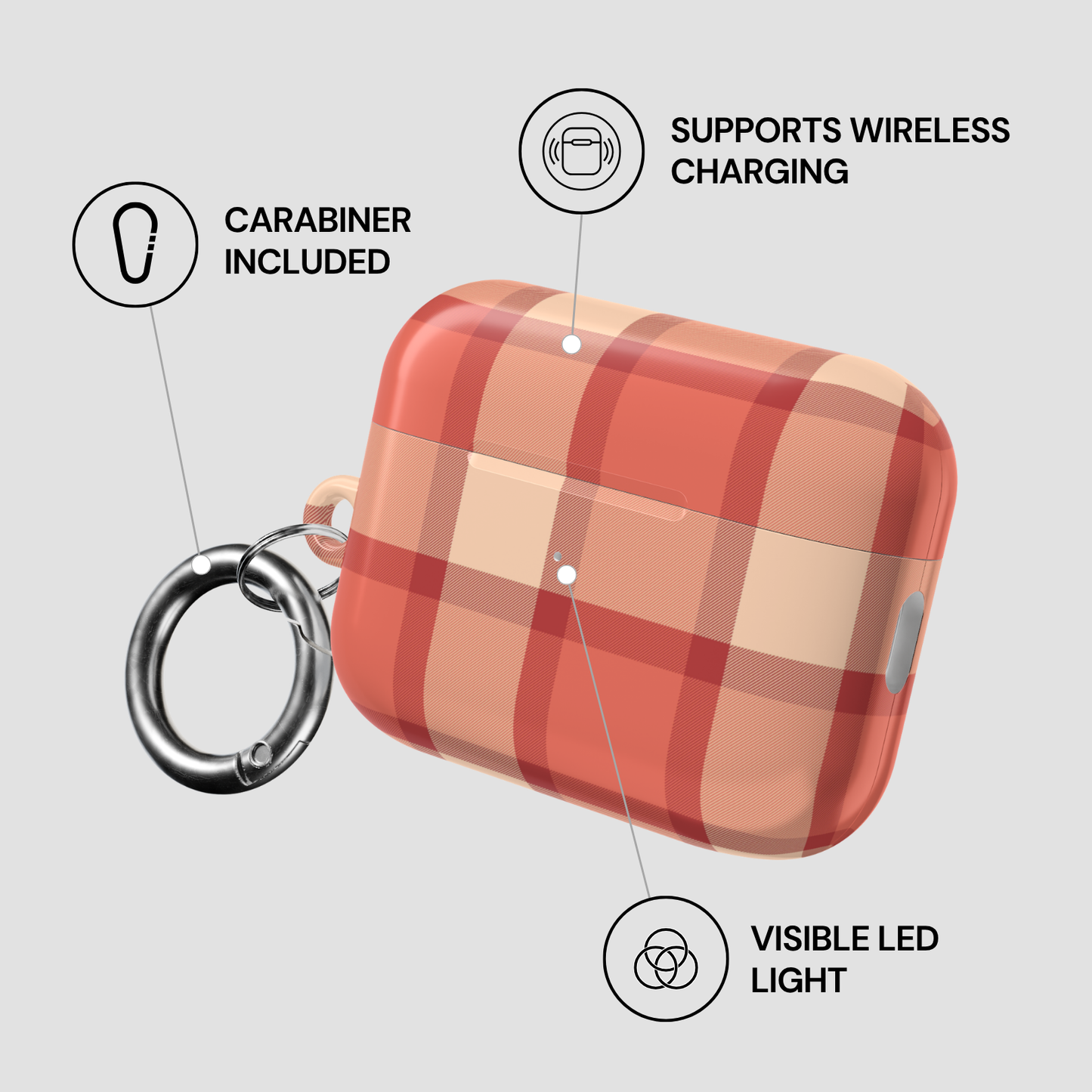Plaid patterned case with carabiner, wireless charging support, and visible LED light on a gray background