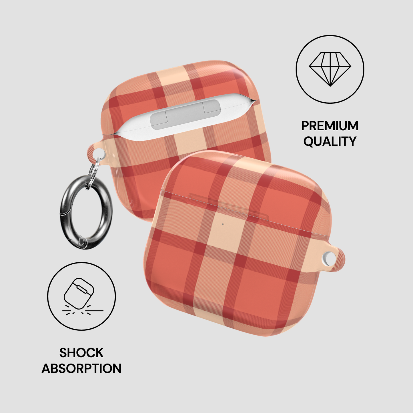 Plaid patterned case with keychain attachment on a light gray background