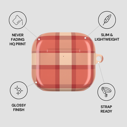 Plaid patterned case with features listed on a light gray background