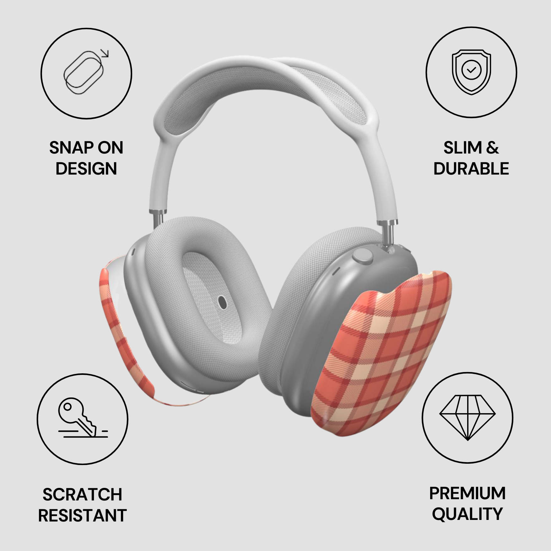 Headphones with ear covers on a gray background, featuring icons and text about product features.