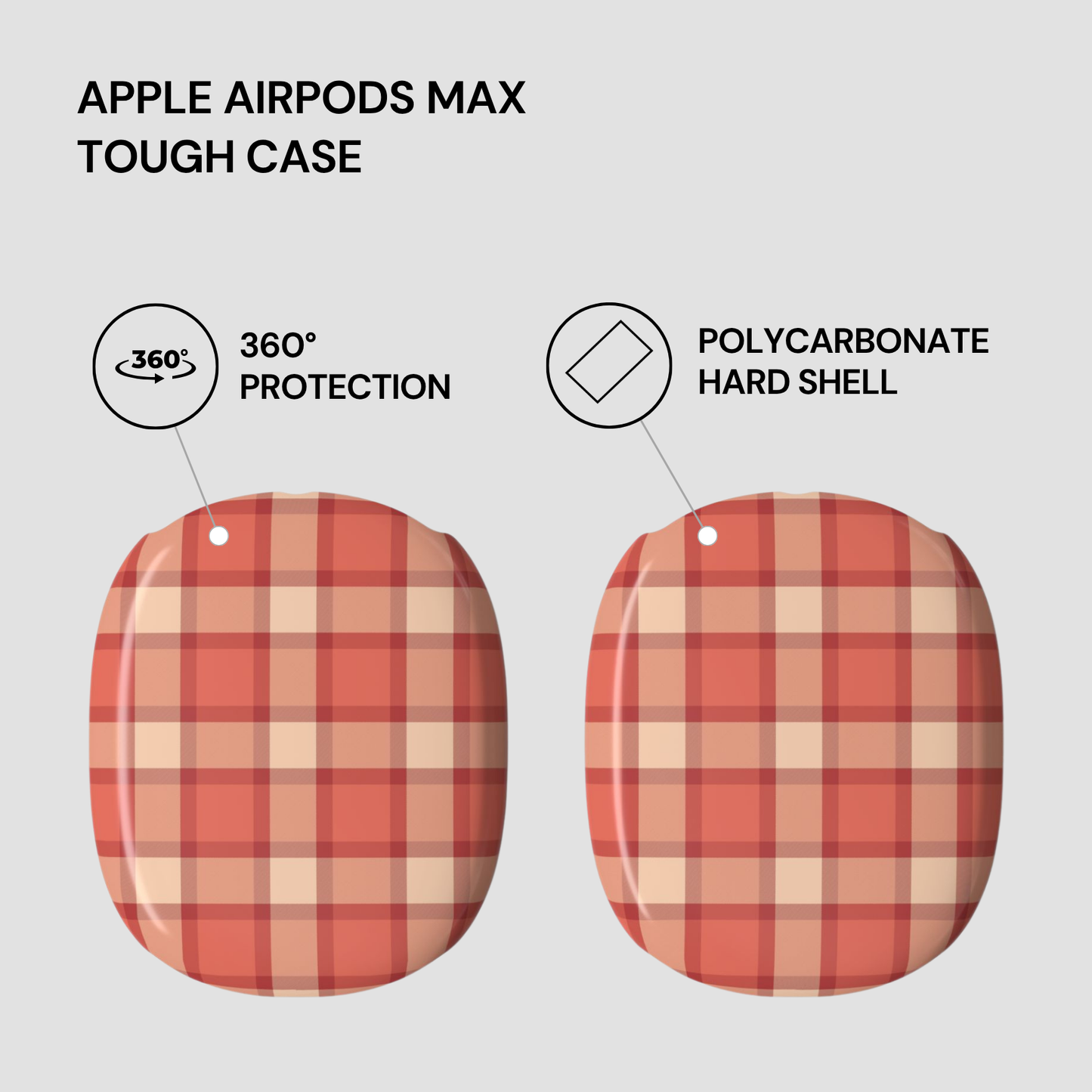 Plaid patterned tough case for Apple AirPods Max with text highlighting features on a light gray background.