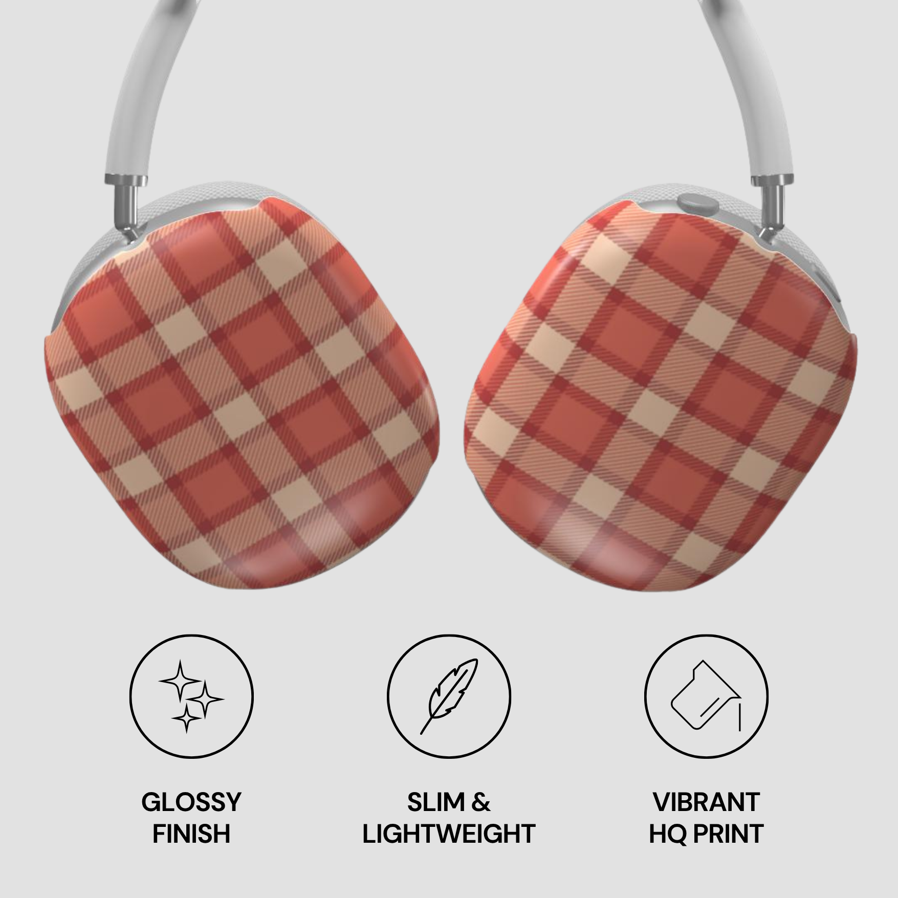 Plaid-patterned headphones with glossy finish, slim design, and vibrant HQ print on a light gray background.