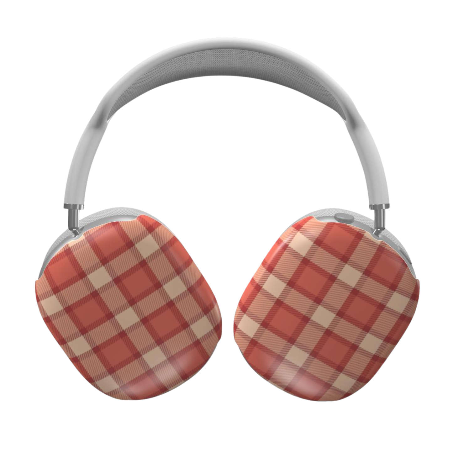 Red and beige checkered headphones on a white background