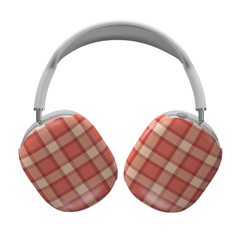 Red and beige checkered headphones on a white background