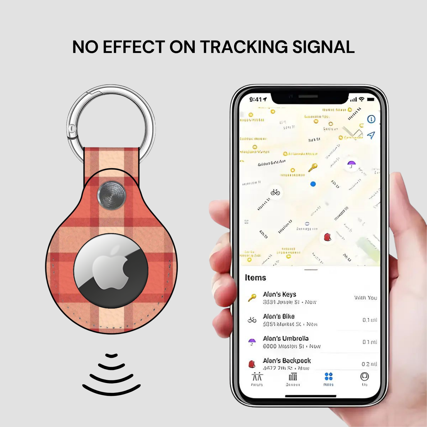 Plaid keychain tracker with Apple logo displayed on a phone app showing location tracking.