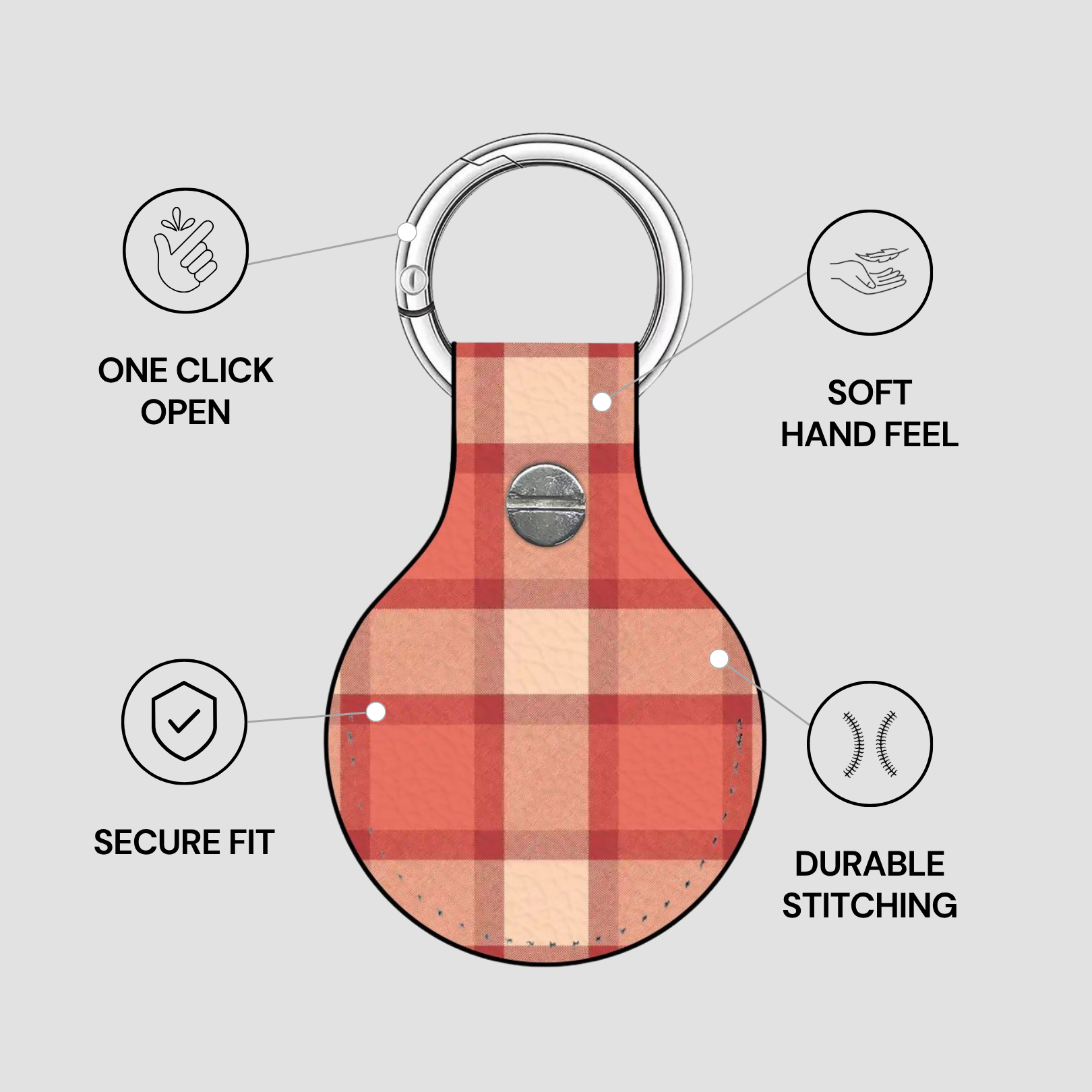 Red and beige plaid keychain with features listed on a gray background