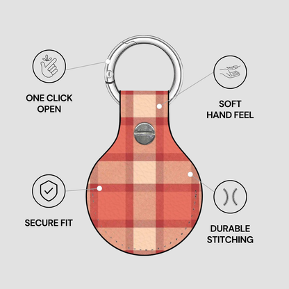 Red and beige plaid keychain with features listed on a gray background