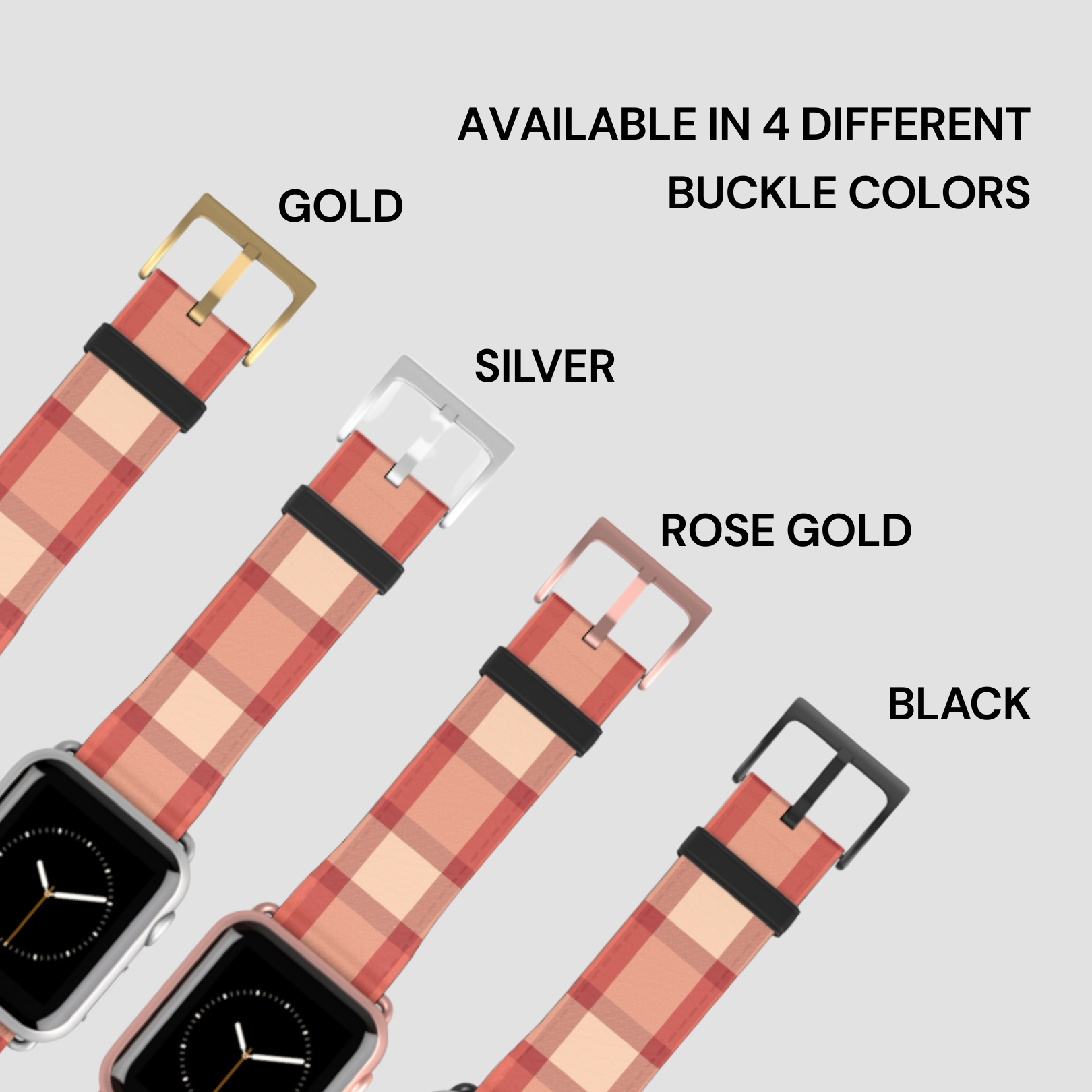 Plaid patterned watch bands with gold, silver, rose gold, and black buckles on a light gray background.
