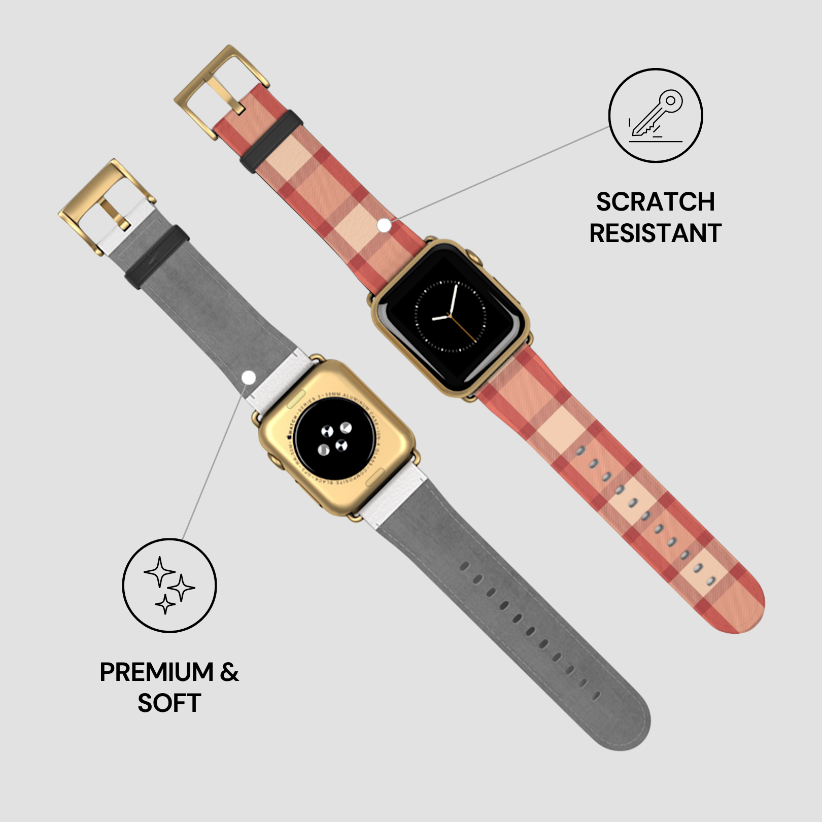 Two smartwatches with different bands on a light gray background, highlighting scratch resistance and softness.