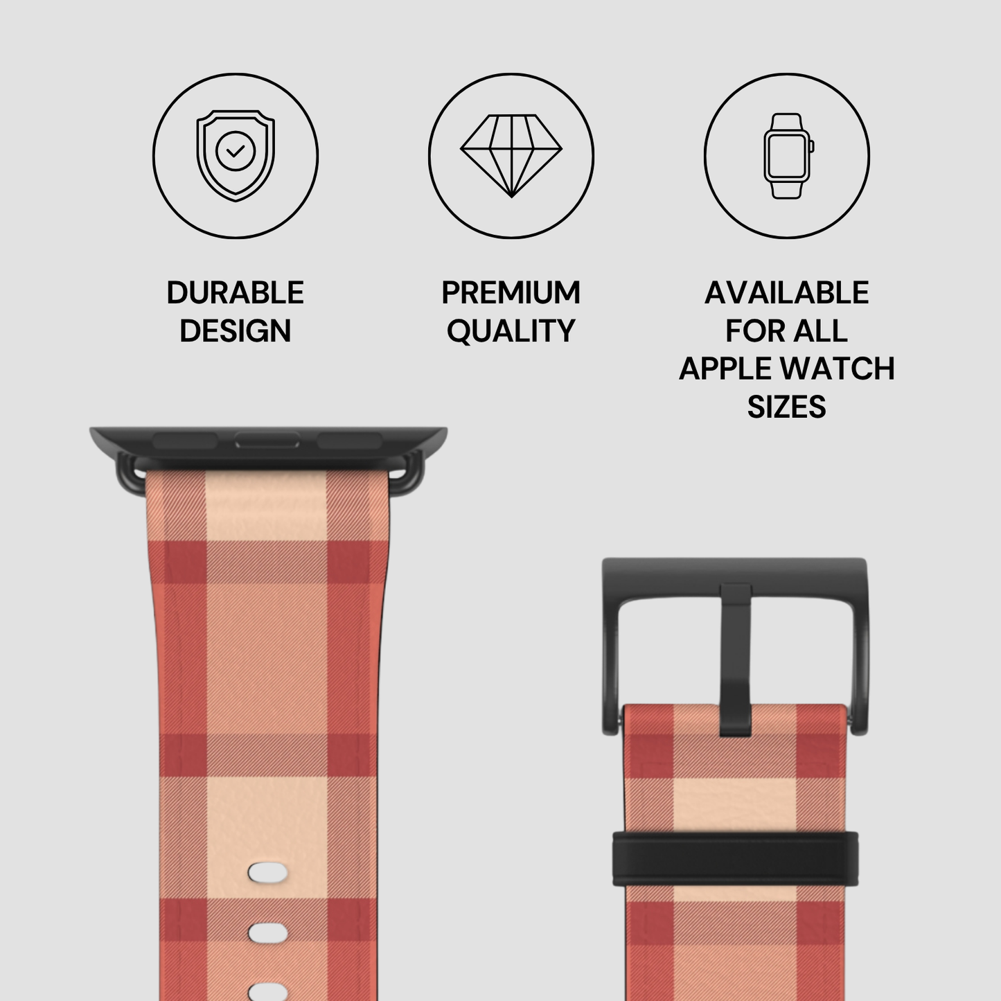 Plaid patterned Apple Watch band with durability, quality, and size availability features on a light gray background.