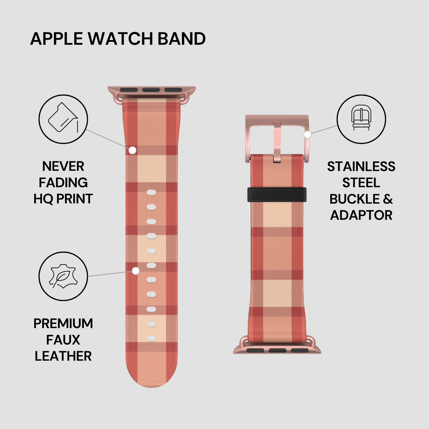 Plaid patterned Apple Watch band with features highlighted on a gray background
