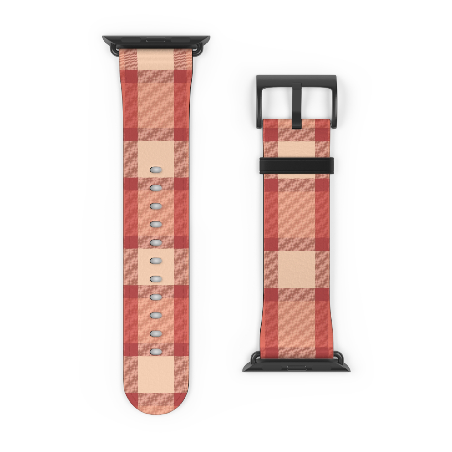 Plaid patterned watch band with black metal clasp on a white background