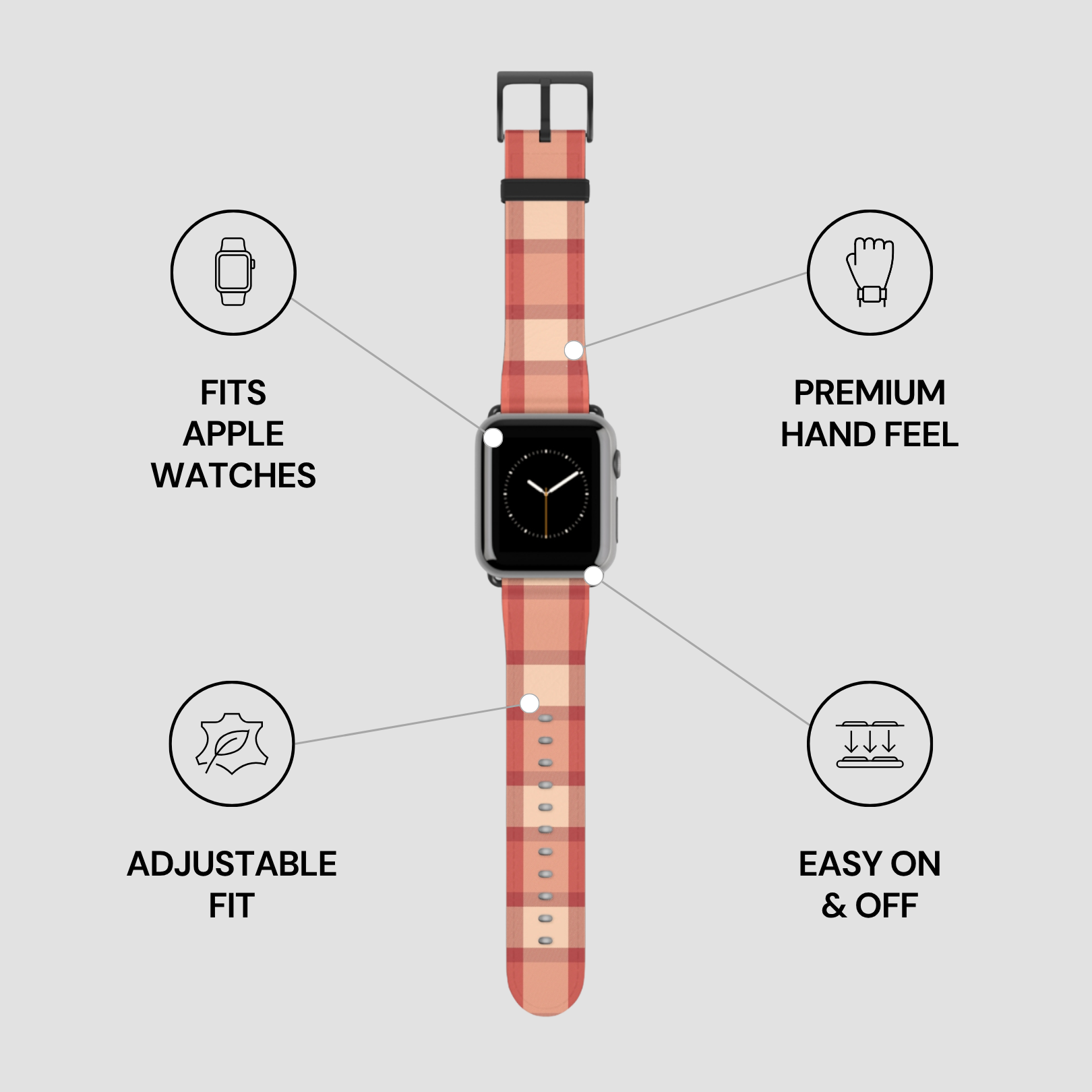 Pink polka dot watch band with features listed on a gray background