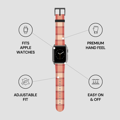 Pink polka dot watch band with features listed on a gray background
