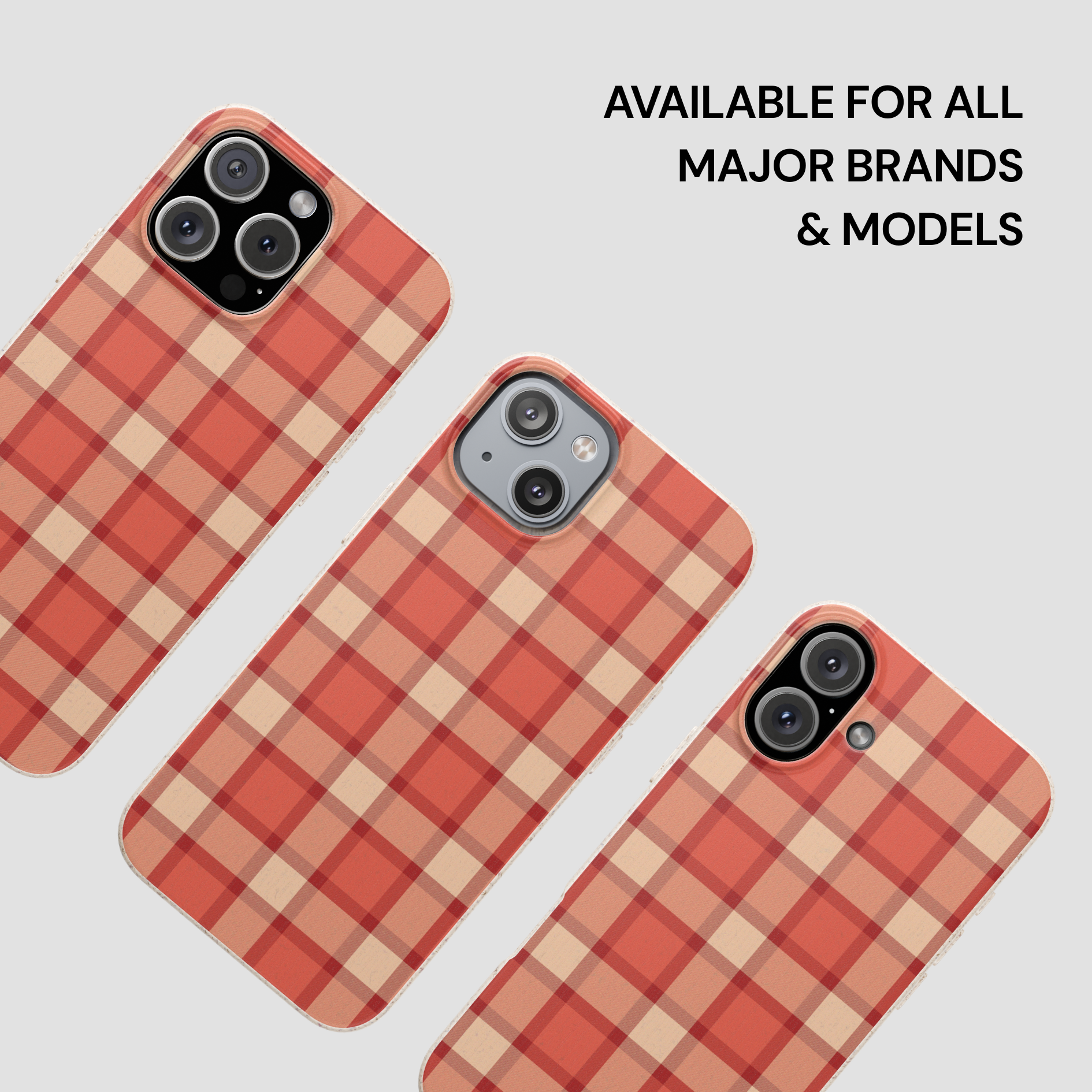 Three plaid phone cases on a light gray background with text about compatibility.
