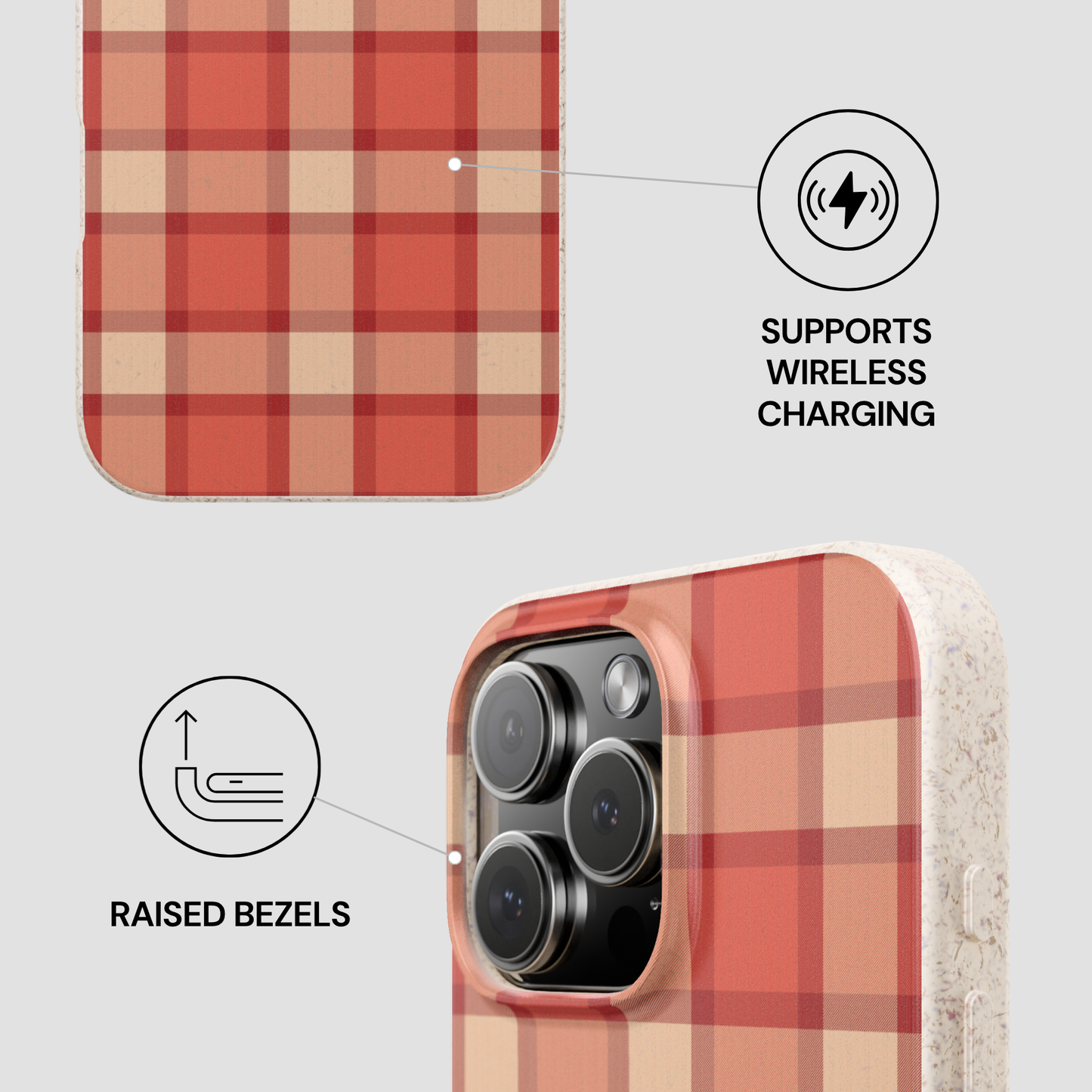 Plaid patterned phone case with wireless charging and raised bezels features on a light gray background