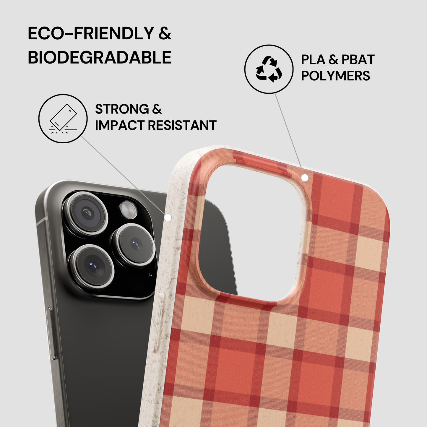 Plaid patterned phone case with eco-friendly and biodegradable features on a gray background