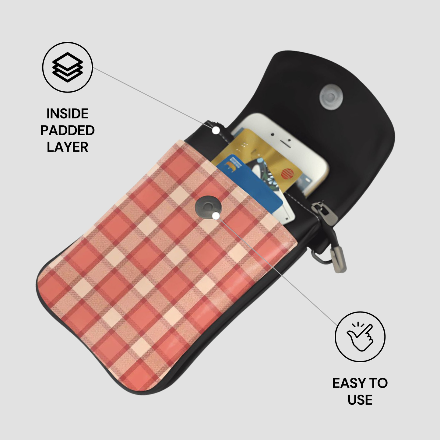 Plaid patterned phone case with interior padding and ease of use features on a gray background
