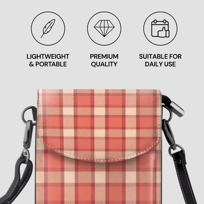 Plaid patterned bag with black straps on a light gray background, featuring icons and text about product attributes.