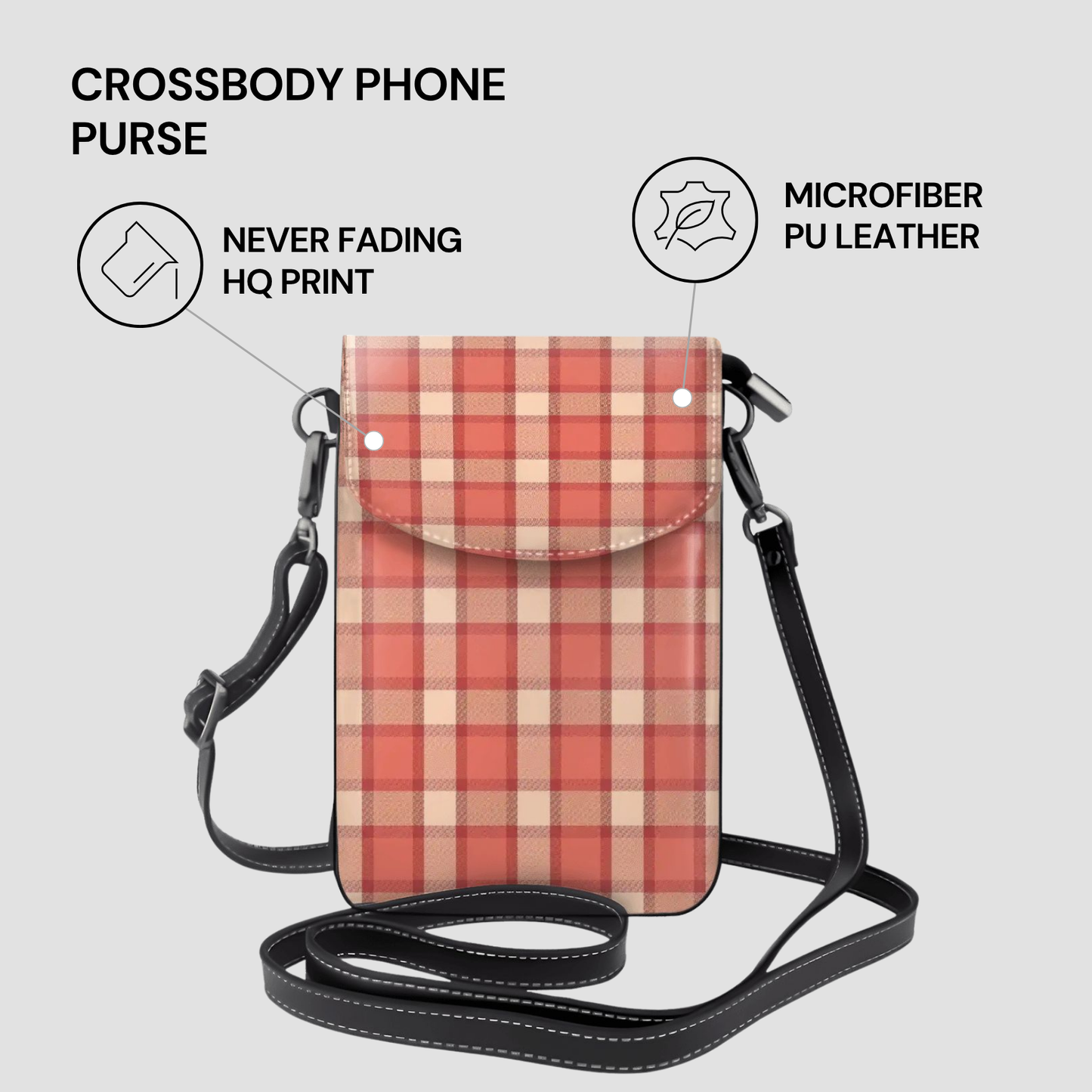 Plaid crossbody phone purse with features listed on a light gray background