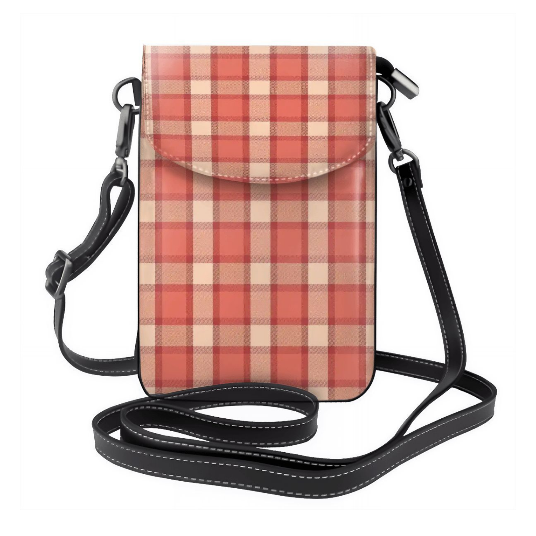 Plaid patterned crossbody bag with a strap on a white background