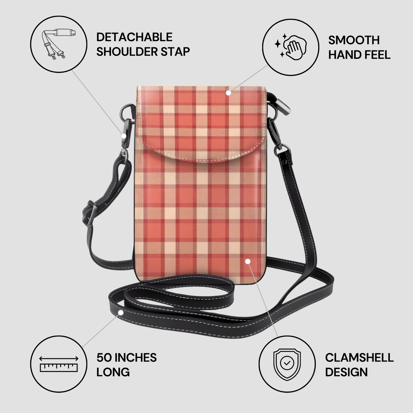 Pink crossbody bag with features listed on a gray background