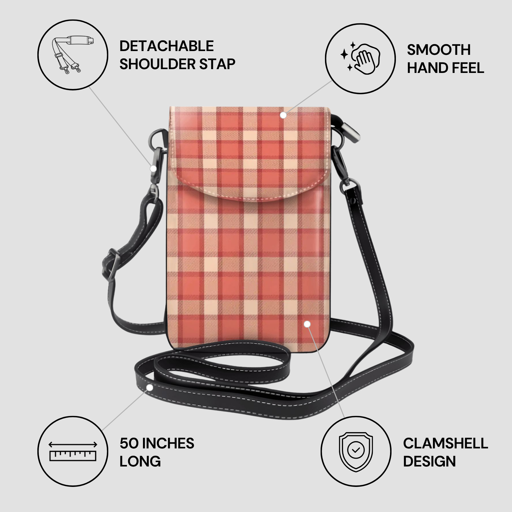 Pink crossbody bag with features listed on a gray background
