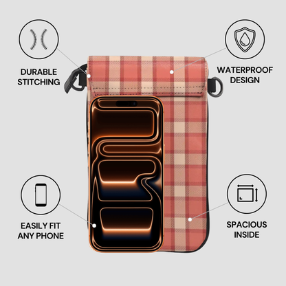 Plaid phone case with features highlighted on a light gray background