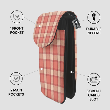 Plaid-patterned pouch with features highlighted on a light gray background