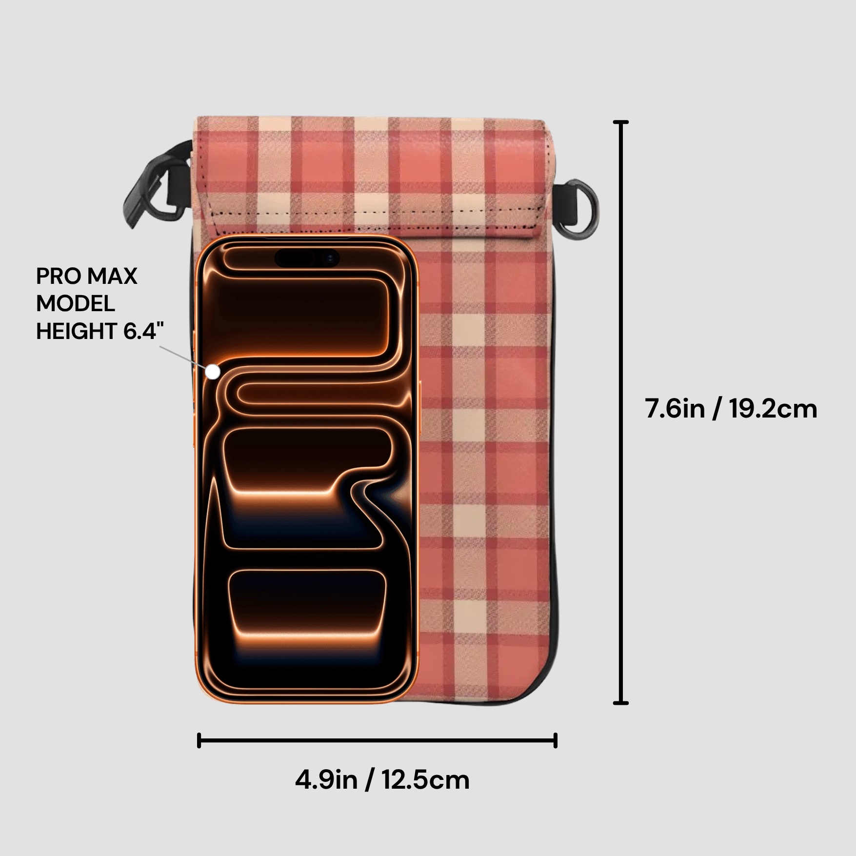 Plaid phone case with dimensions labeled on a gray background