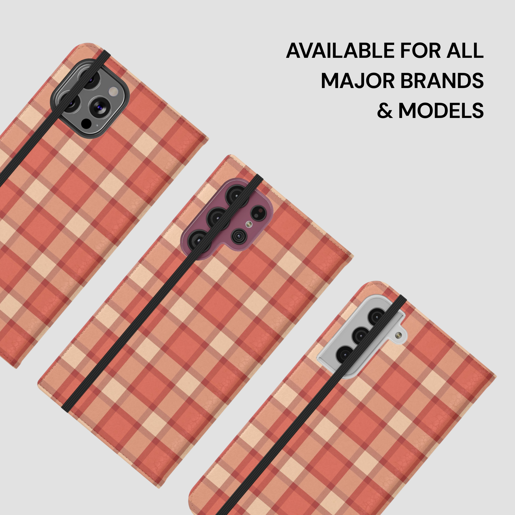 Plaid patterned phone case on a white background with text 'Available for all major brands & models'.