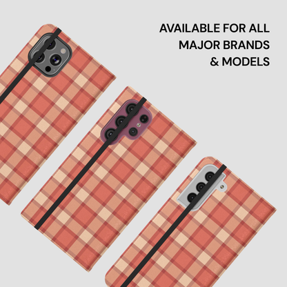 Plaid patterned phone case on a white background with text 'Available for all major brands & models'.