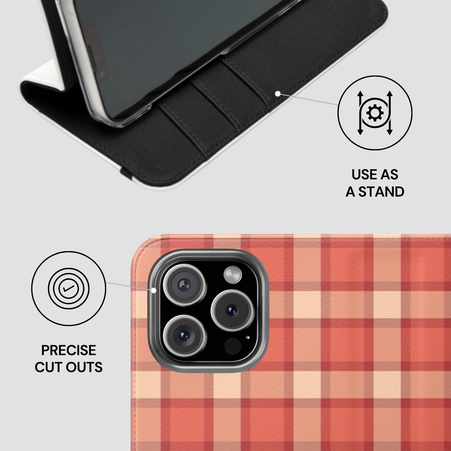 Phone case with plaid pattern and camera cutout, shown with phone stand feature.